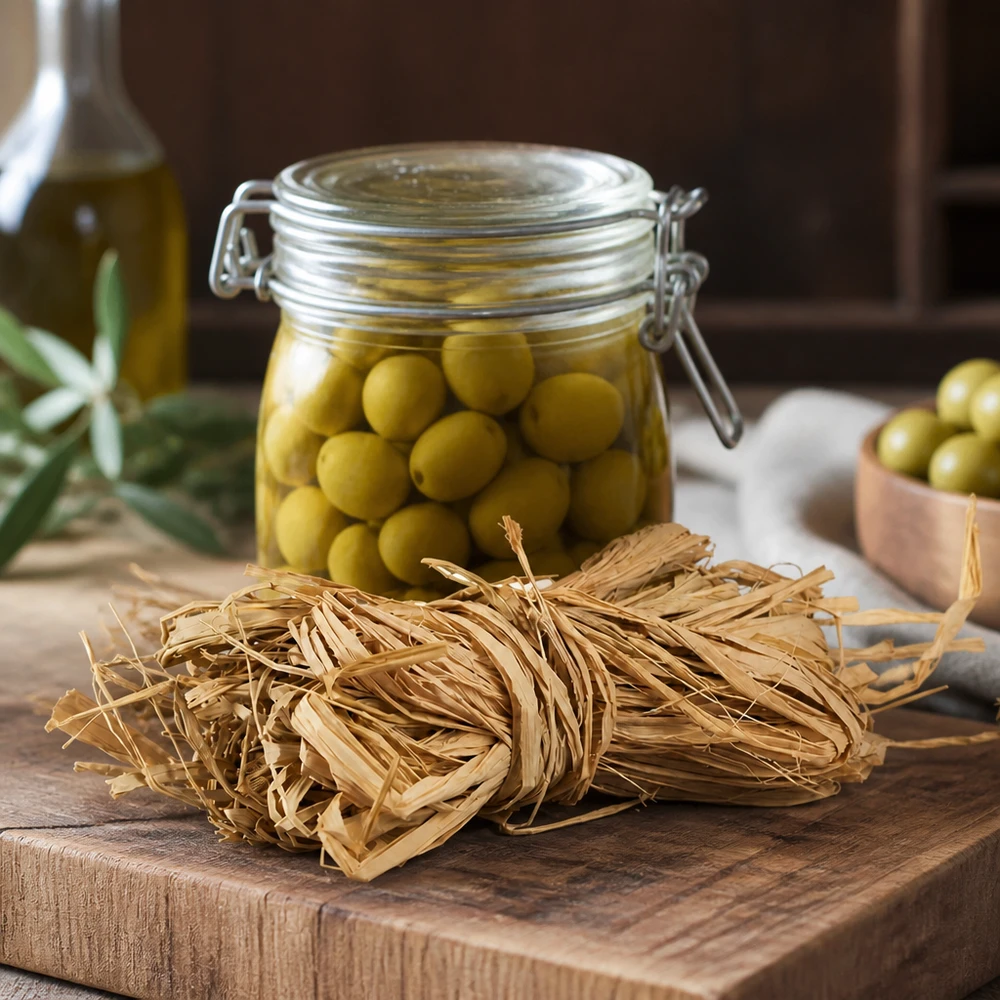 Corda natural para decoração, 30 g A ráfia natural 30g de cor bege dourada disposta numa tábua de madeira apresenta uma utilização versátil para decoração e artesanato