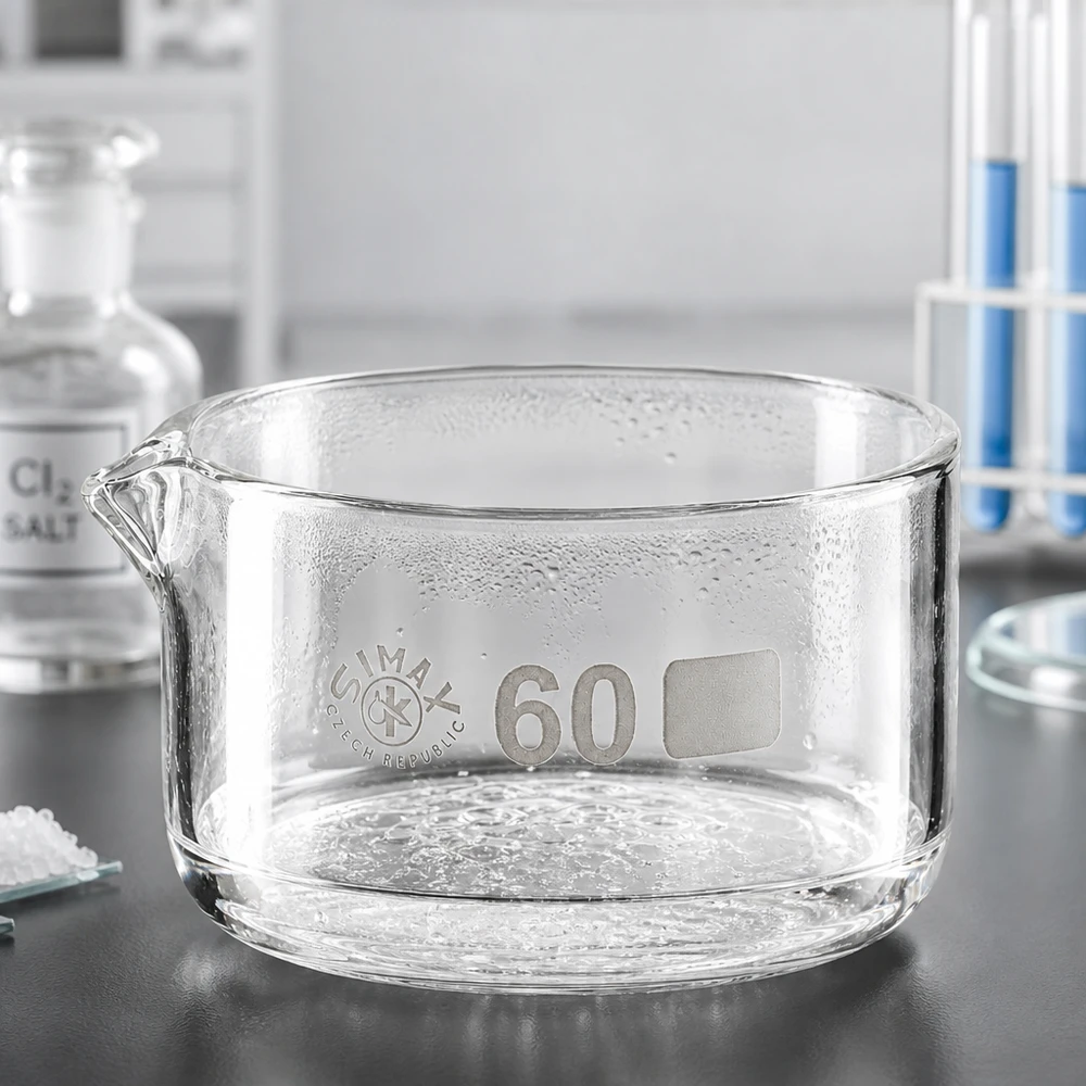 Taça de cristalização de 60 ml, vidro borossilicato Simax, República Checa, bico de saída plano e cilíndrico, taça de laboratório transparente