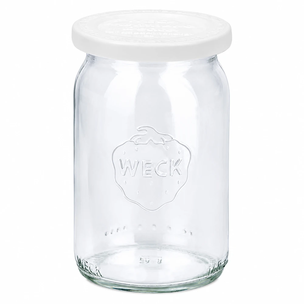 Frasco cilíndrico de 145ml com tampa de frescura. WECK RR40 Frasco cilíndrico WECK 145ml com tampa de frescura branca Frasco de conserva RR40 vazio transparente