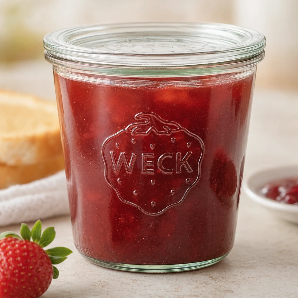 Copos WECK RR100 de 580 ml com doce de morango vermelho e logótipo de morango na bancada da cozinha