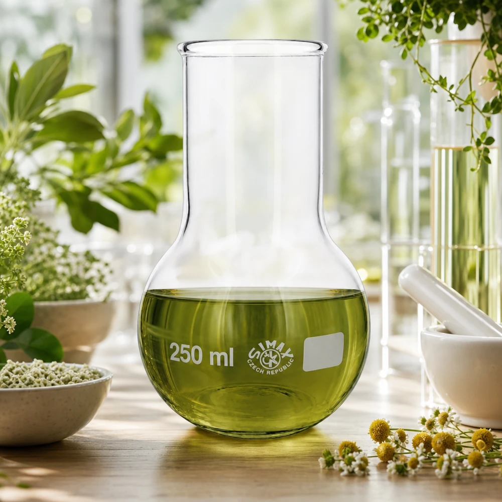 Balão de quadril 250ml pescoço largo Balão de laboratório de 250 ml de gargalo largo com líquido verde numa mesa de madeira junto a plantas botânicas