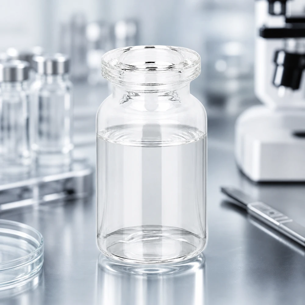 Frasco de injeção de vidro transparente 5ml Hochwertige Klarglas Viale 5ml für Injektionslösungen vor medizinischem Laborhintergrund mit Mikroskop