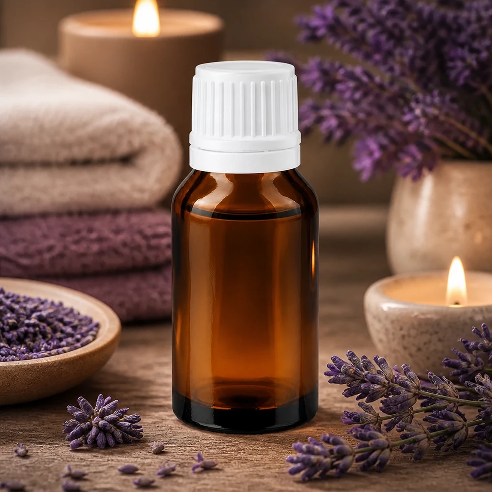 Frasco de vidro castanho de 30 ml com tampa OV branca, rodeado por flores de lavanda e velas