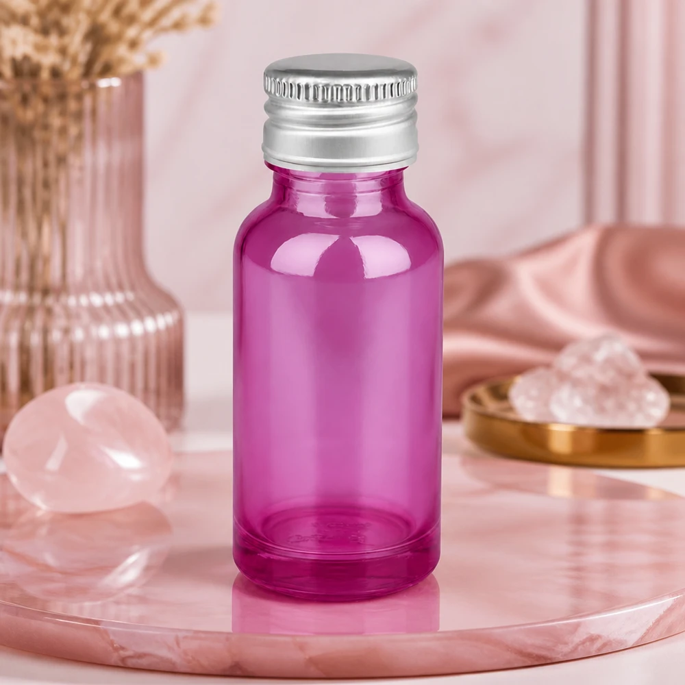 Frasco de vidro violeta de 20 ml de alta qualidade com proteção UV e tampa de alumínio prateado STD