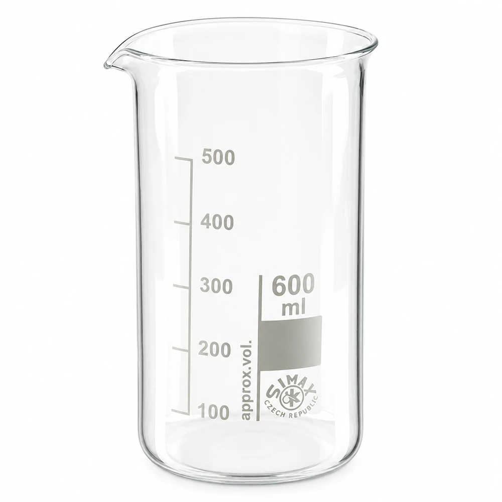Copo de laboratório de 600 ml, de formato alto, em vidro borossilicato, com escala em mililitros de 100 a 500 ml