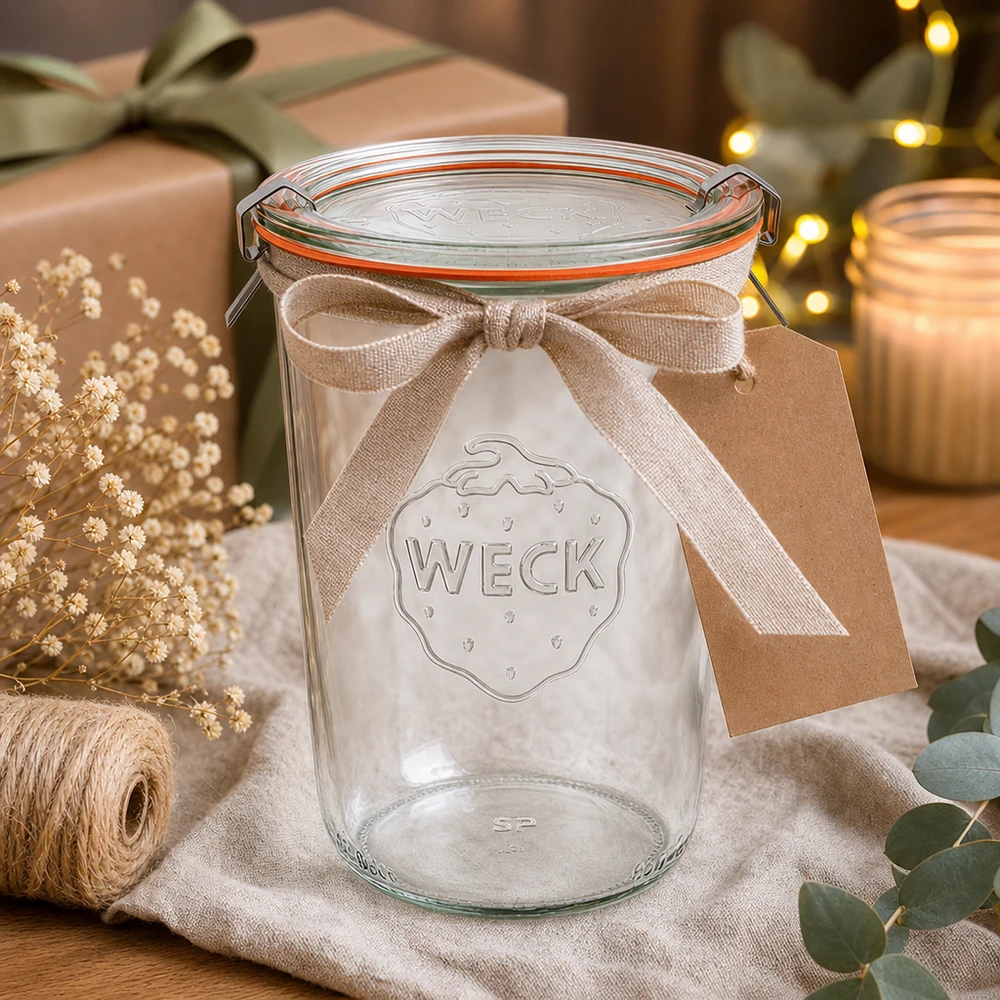 Copos de vidro de 850ml completos WECK RR100 Copos WECK 850 ml RR100 como ideia de presente, decorados com um laço e um pendente num cenário de Natal acolhedor