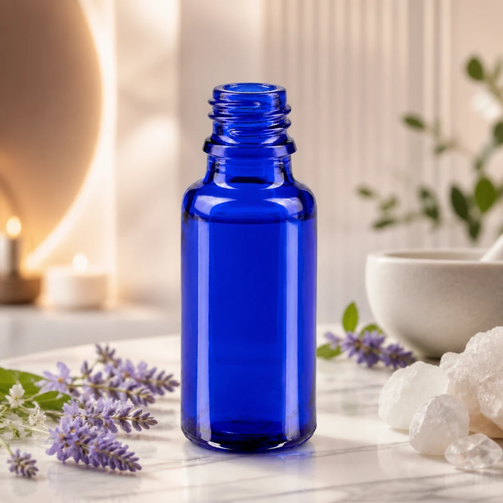 Prático frasco ApoGlas de 20 ml em azul elegante para cosméticos naturais e naturopatas