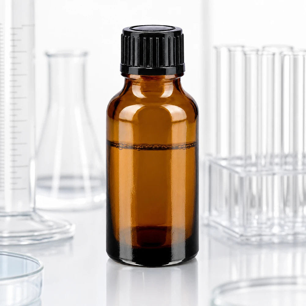 Frasco de farmácia de 20 ml, de vidro castanho com tampa preta, num ambiente de laboratório