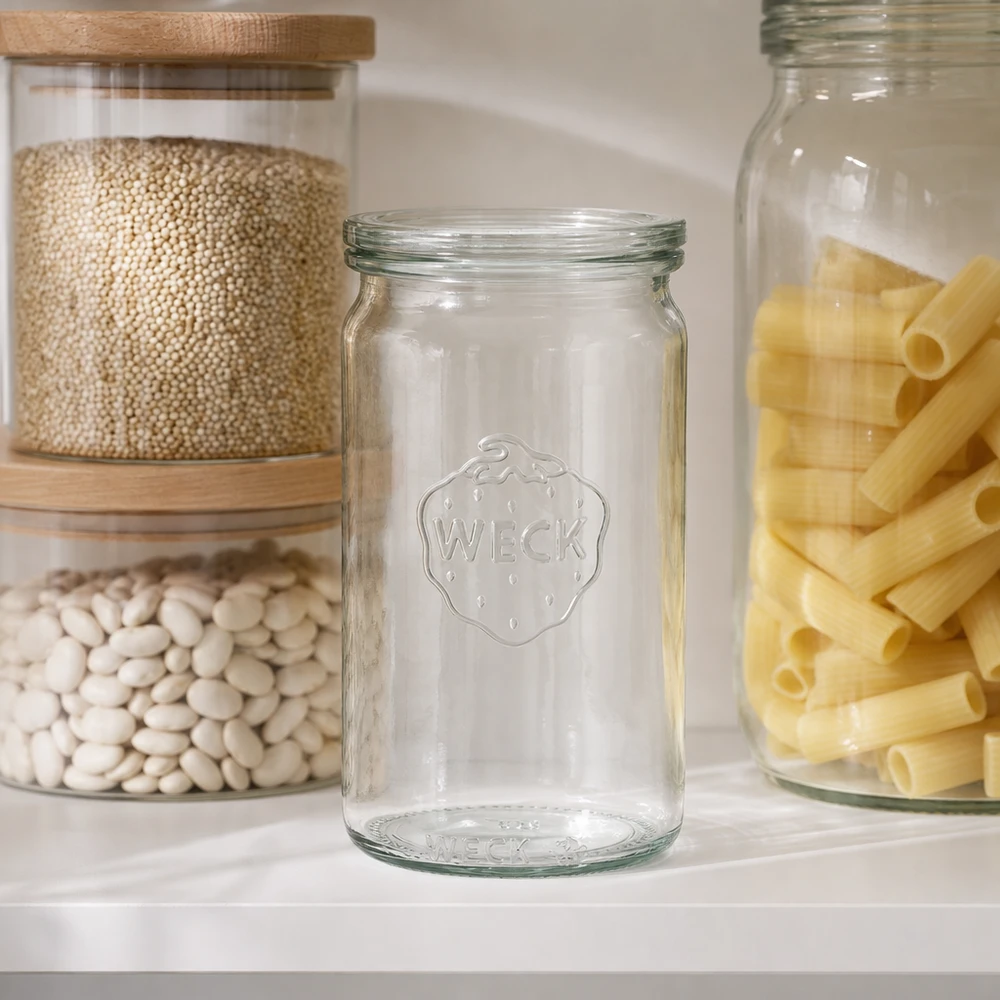 340ml Zylinderglas mit Glasdeckel WECK RR60 WECK 340ml Zylinderglas RR60 leer in moderner Pantry zwischen Vorratsgläsern mit Hülsenfrüchten und Nudeln Küchenausstat
