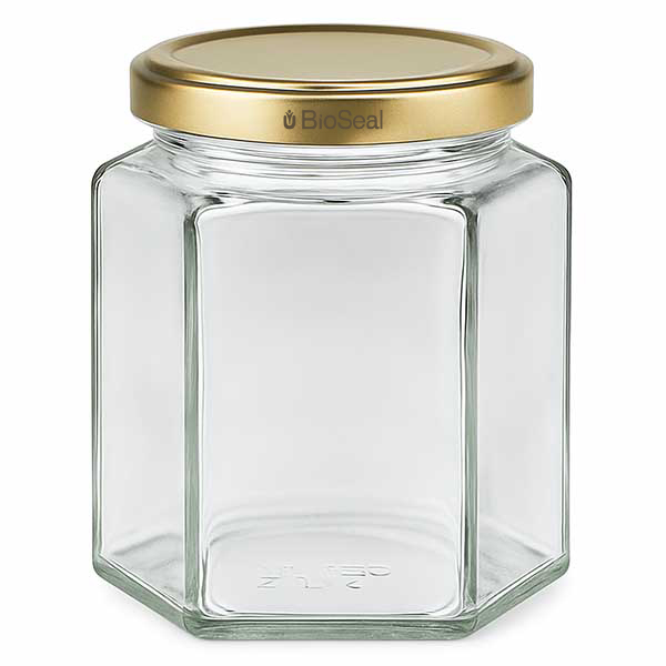 Frasco Hexa de 390 ml com tampa BioSeal dourada UNiTWIST