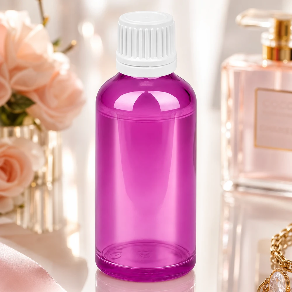 Frasco de 50 ml com tampa de rosca de 11 mm branca Originalidade tampa de rosca PurpleLine UT18/50 Frasco de design elegante de 50 ml em roxo com tampa branca para produtos cosméticos de qualidade superior