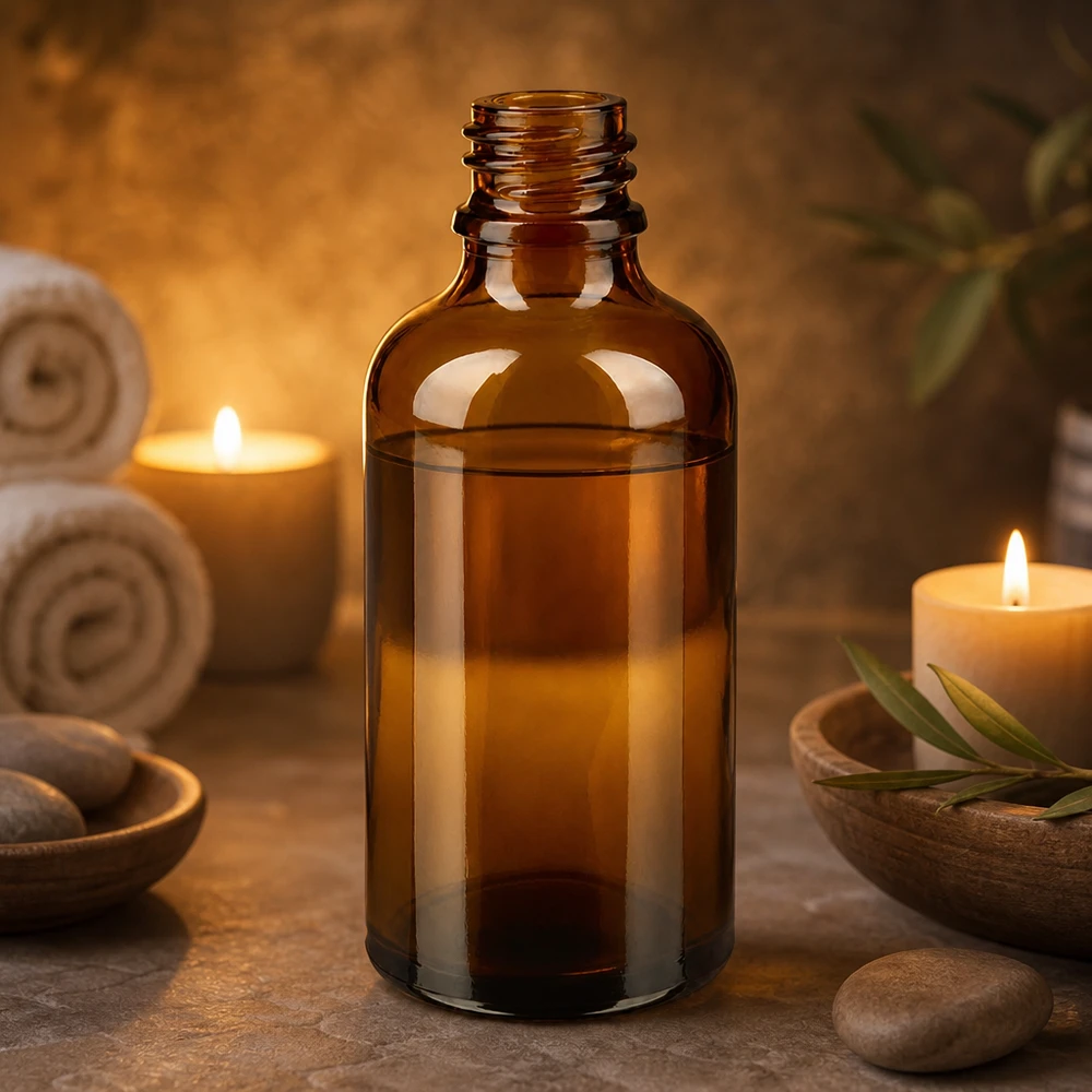 Frasco conta-gotas 50 ml DIN 18 em vidro âmbar Frasco de farmácia ApoGlas castanho de 50 ml com óleo à luz de velas quentes Atmosfera de bem-estar junto a pedras de spa