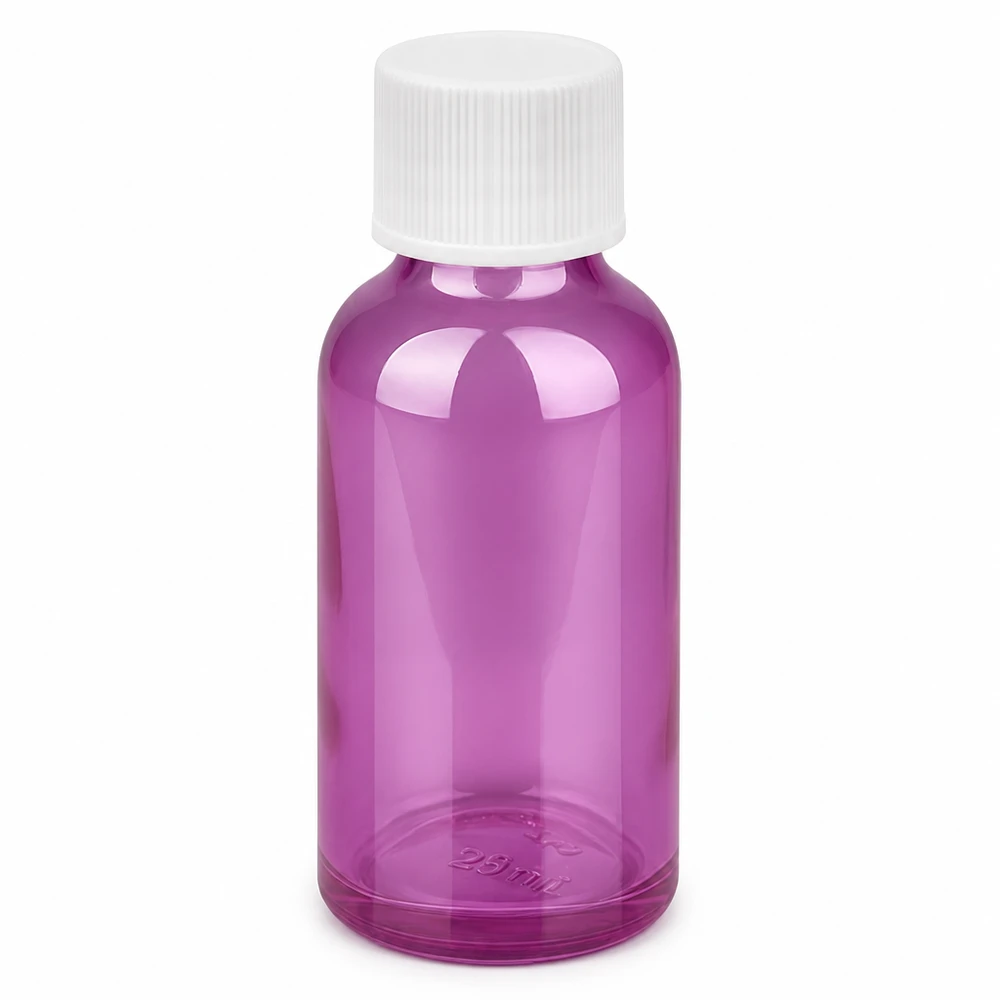 Frasco de vidro de 30 ml em violeta com tampa de rosca branca para cosméticos e produtos farmacêuticos