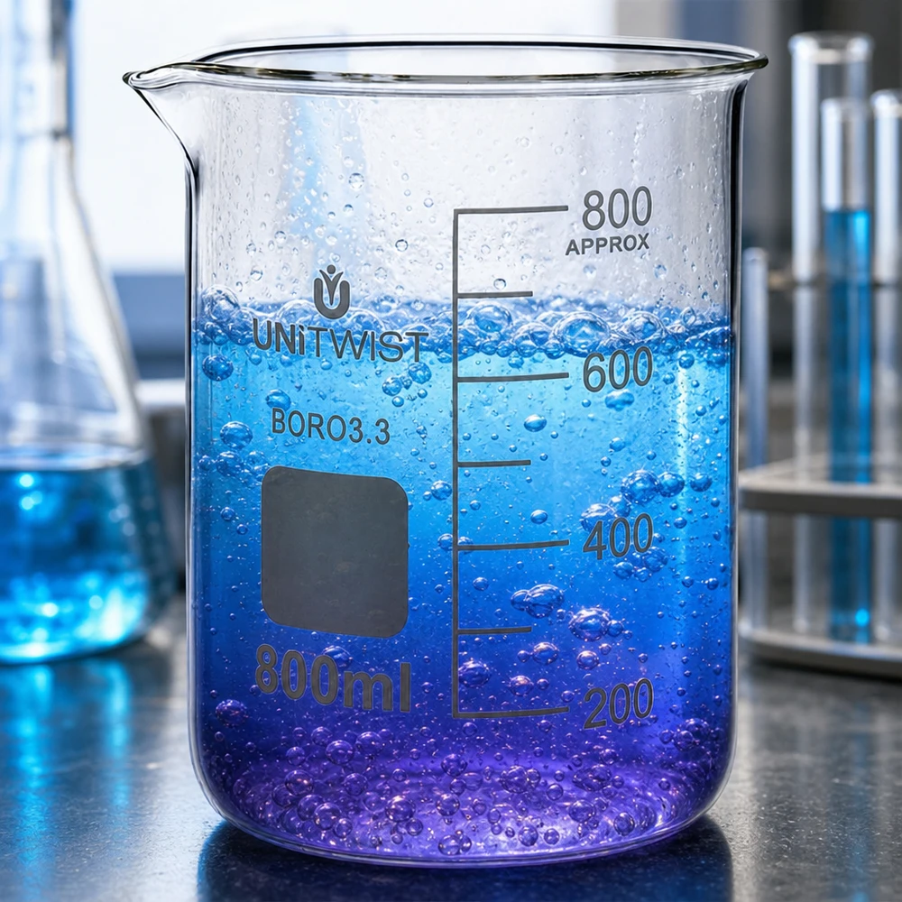 Copo de laboratório de 800 ml, de formato baixo, em borossilicato 3.3, com um líquido que brilha em tons de azul-violeta