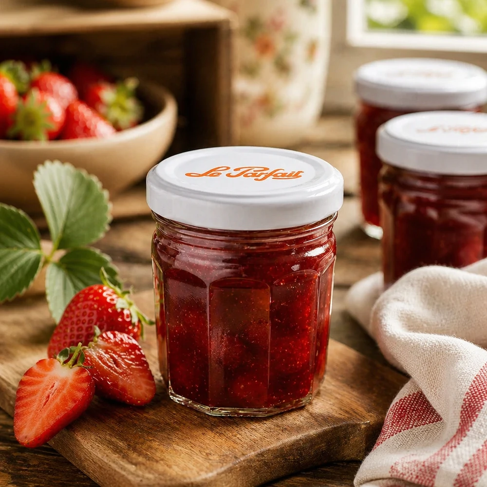 Mini-potes de compota Le Parfait 44ml com morangos e compota numa tábua de madeira - perfeito para pastas caseiras