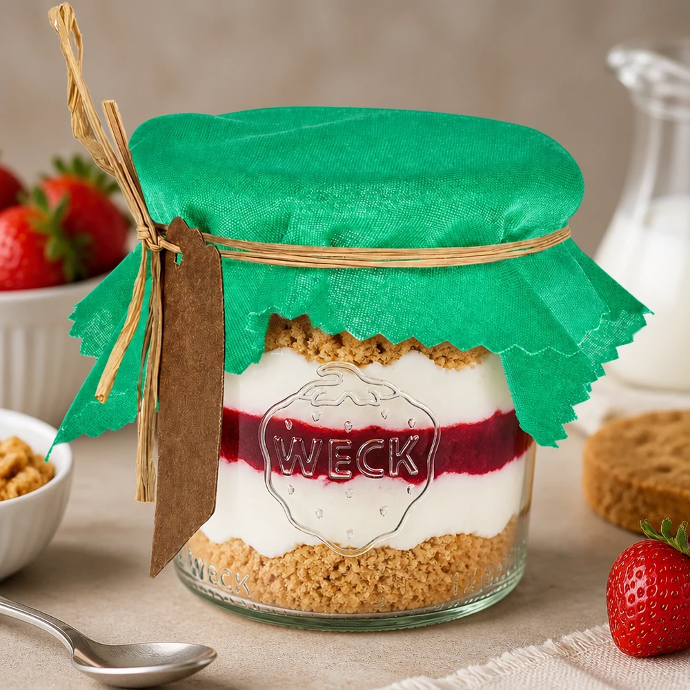 Guardanapo de tecido verde de 12 cm quadrados num copo de sobremesa com sobremesa em camadas e morangos frescos como decoração de mesa