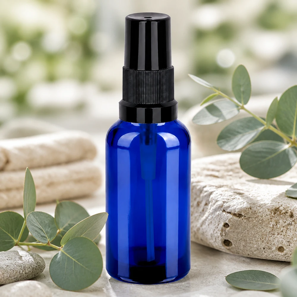 Frasco de spray de vidro azul de 30 ml com atomizador preto para produtos de beleza de alta qualidade