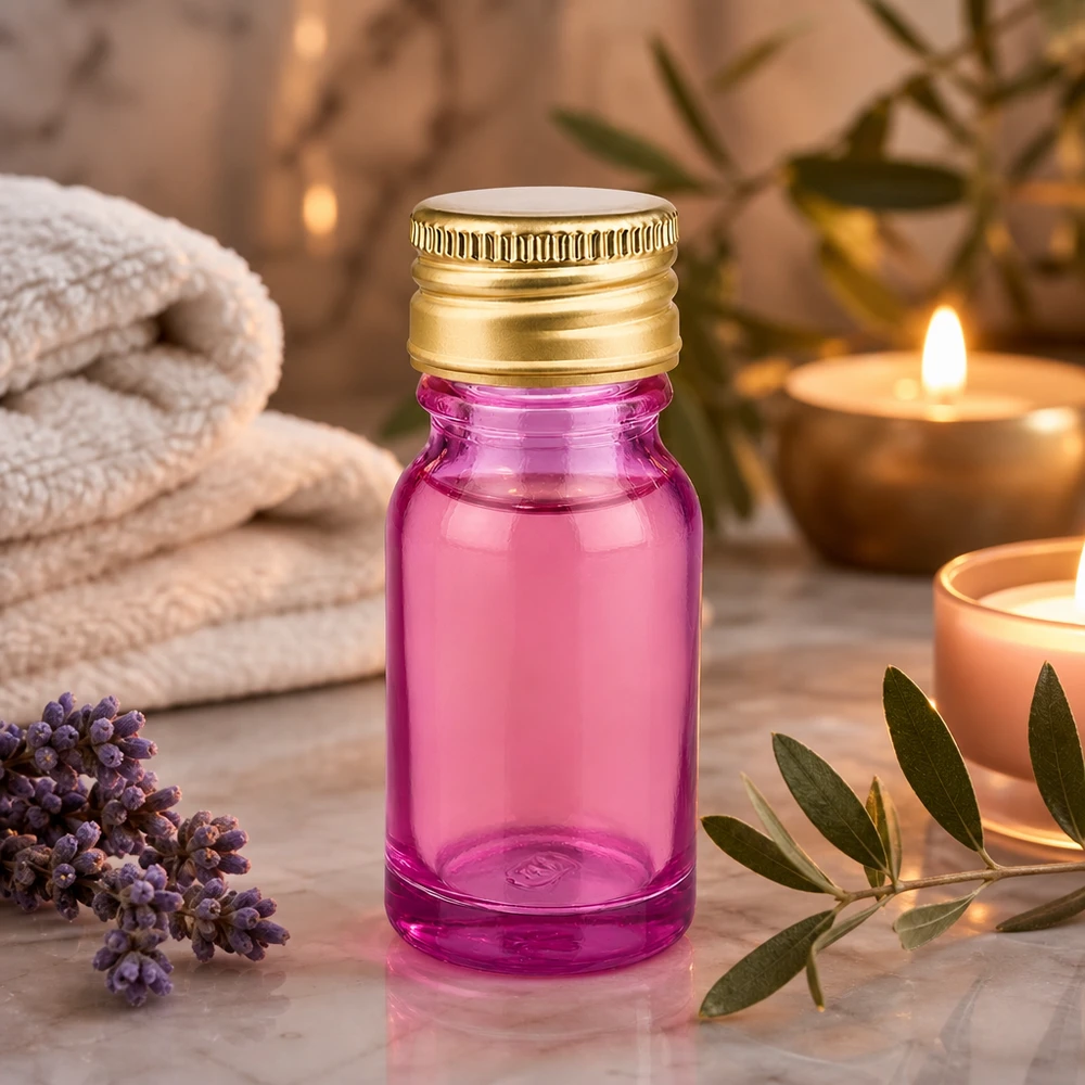Frasco de 10 ml com tampa de rosca de 11 mm em alumínio dourado padrão PurpleLine. UT18/10 Frasco de aromaterapia de 10 ml de alta qualidade com proteção UV, com uma elegante tampa roxa e dourada