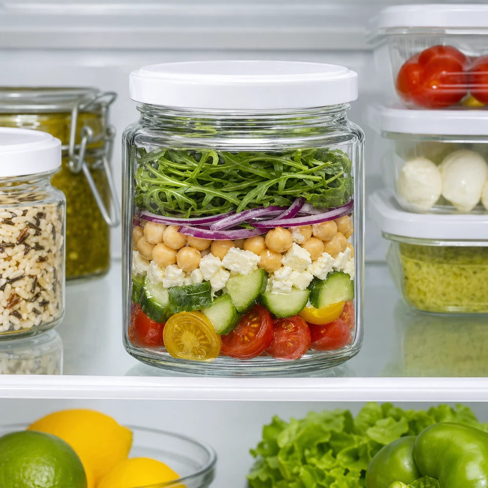 350g Honigglas + BasicSeal Deckel weiß UNiTWIST Frasco de mel de 250 ml no frigorífico como recipiente de preparação de refeições para salada em camadas com tampa BasicSeal UNiTWIST
