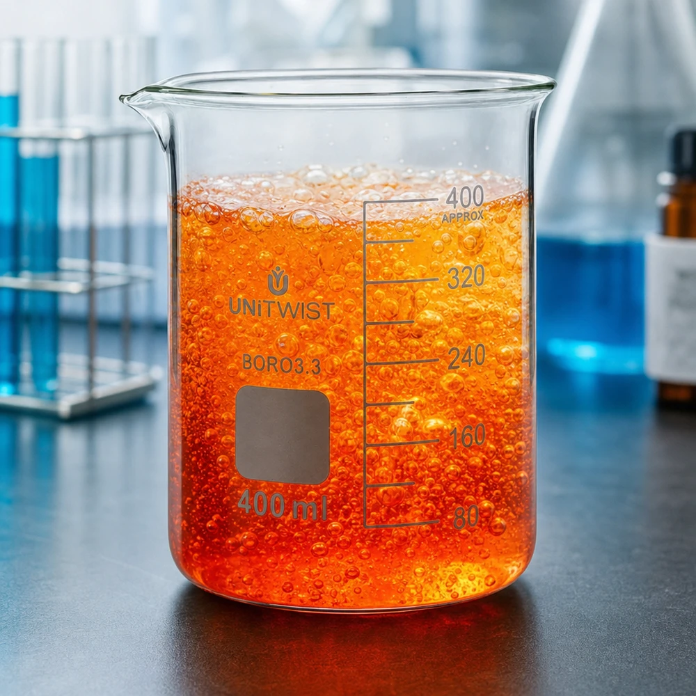 Copo 400 ml de borossilicato, baixo teor de bolor UNiTWIST Copo de vidro UNiTWIST de 400 ml com um líquido espumante de cor laranja e bolhas visíveis no laboratório