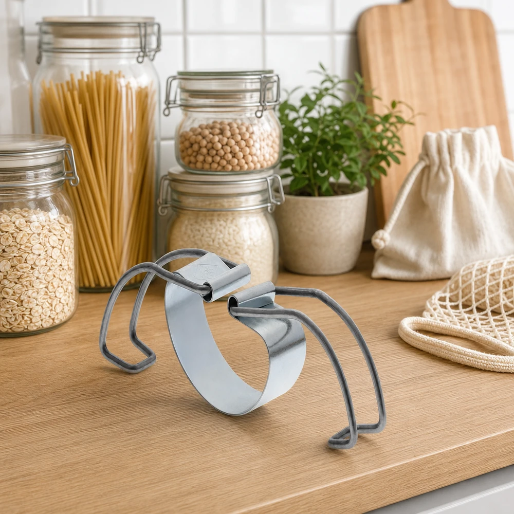 Rack de conservação RR100 entre frascos de armazenamento sustentáveis com massas e legumes numa cozinha sem desperdício