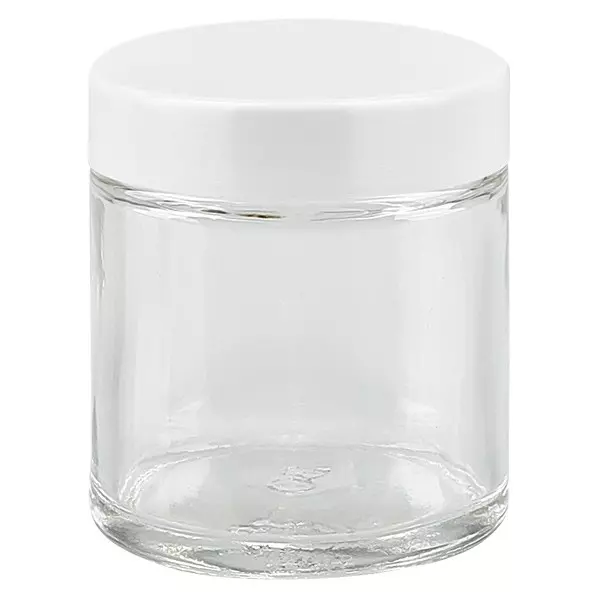 Frasco de vidro de 30ml. transparente, com tampa de baquelite branca ApoGlas Frasco de vidro de 30ml. transparente, com tampa de baquelite branca ApoGlas