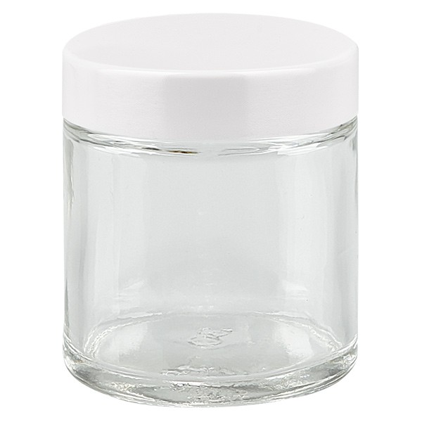 Frasco de vidro de 30ml. transparente, com tampa de baquelite branca ApoGlas Frasco de vidro de 30ml. transparente, com tampa de baquelite branca ApoGlas