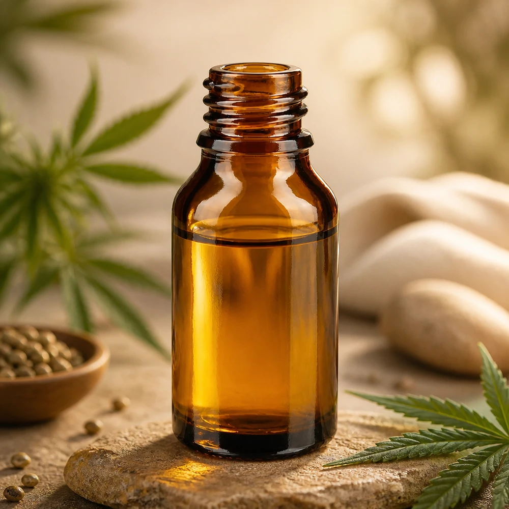 Frasco de ApoGlas castanho de 15 ml com folhas de canábis, sementes de cânhamo e pedras de spa para produtos naturais de bem-estar