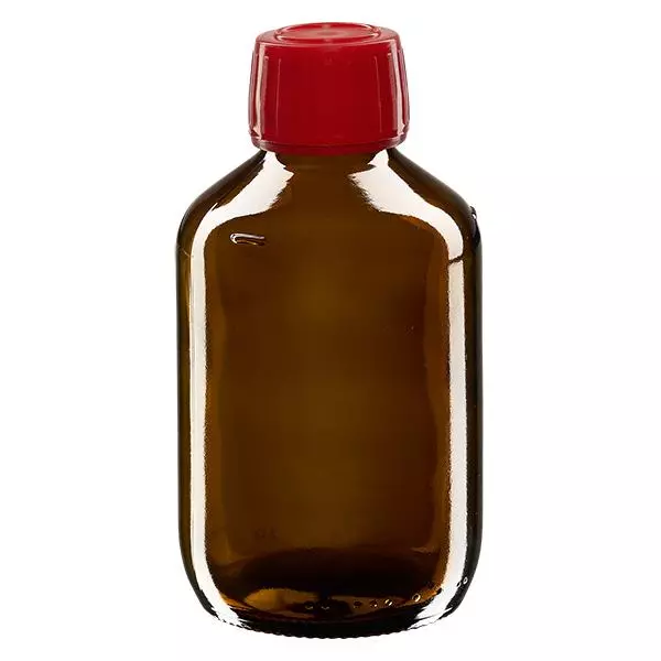 Frasco de medicamento de 200ml castanho, tampa vermelha com anel inviolável ApoGlas Frasco de medicamento de 200ml castanho, tampa vermelha com anel inviolável ApoGlas