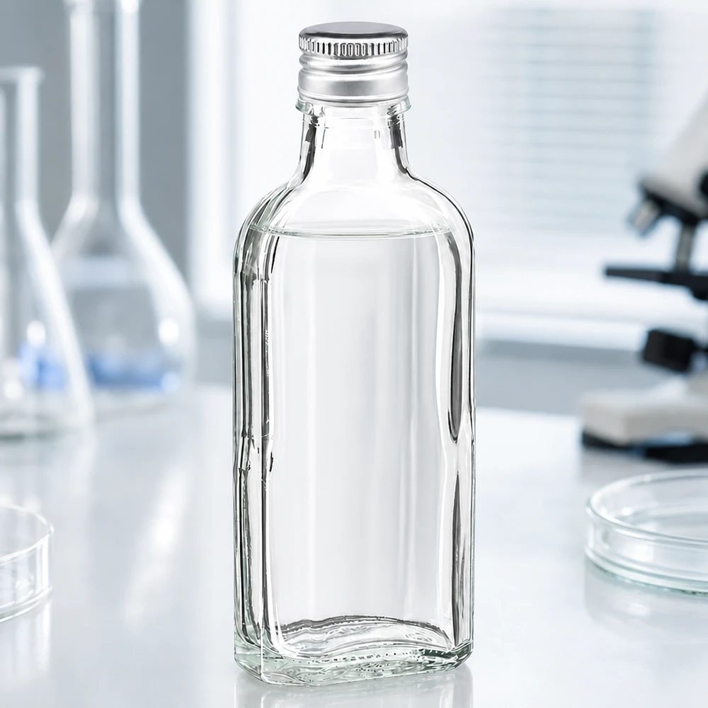 100 ml Meplat transparente com tampa de alumínio prata PP22 Frasco Meplat transparente de 100 ml com tampa de rosca de alumínio prateada PP22 no laboratório