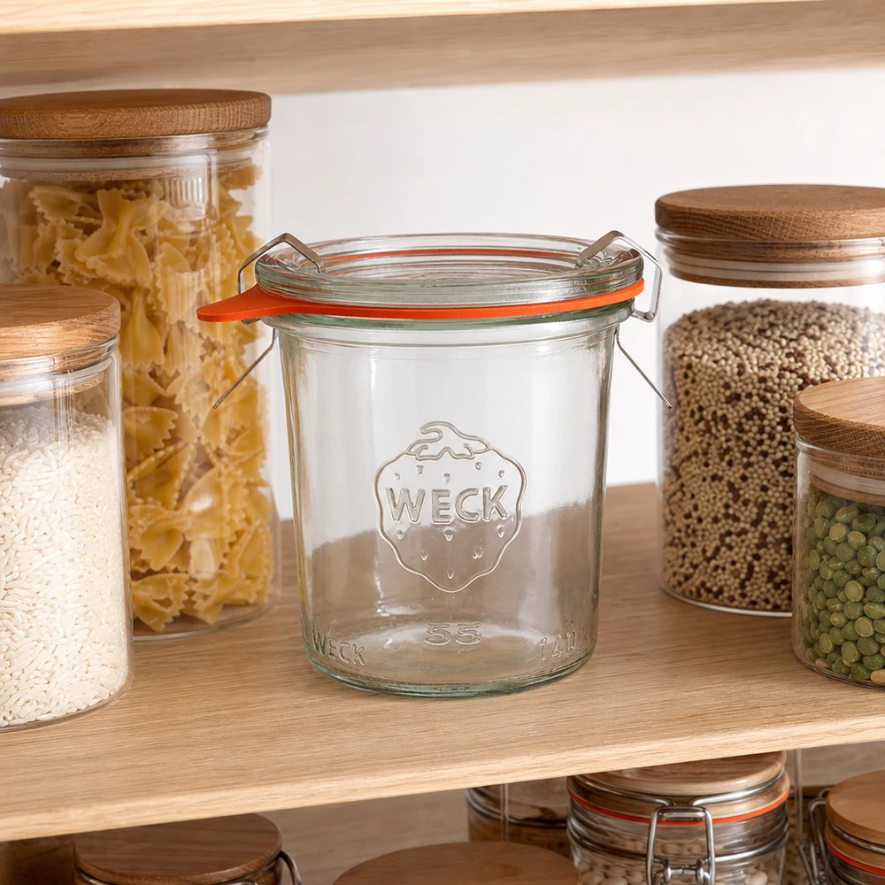 Copos de vidro de 140ml completos WECK RR60 Frasco de armazenagem WECK 140ml RR60 na despensa com massa, arroz e legumes para guardar alimentos