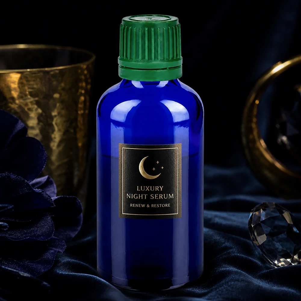 Frasco de vidro profissional de 50 ml da série BlueLine com tampa de rosca verde à prova de crianças