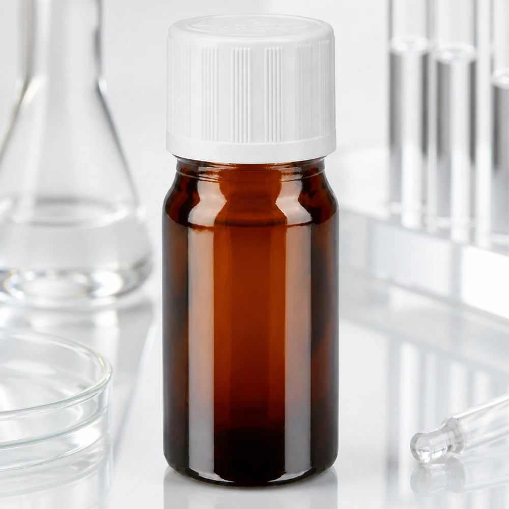 Frasco de vidro castanho de 5 ml com tampa de segurança infantil branca, no laboratório, entre os balões de vidro e os tubos de ensaio