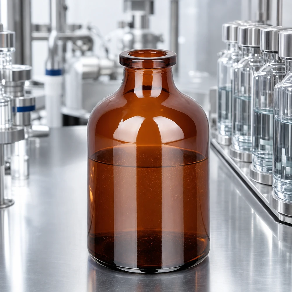 Frasco de injeção de vidro âmbar 50ml Injektionsflasche Braunglas 50ml mit bernsteinfarbenem Glaskörper in pharmazeutischer Produktionsumgebung