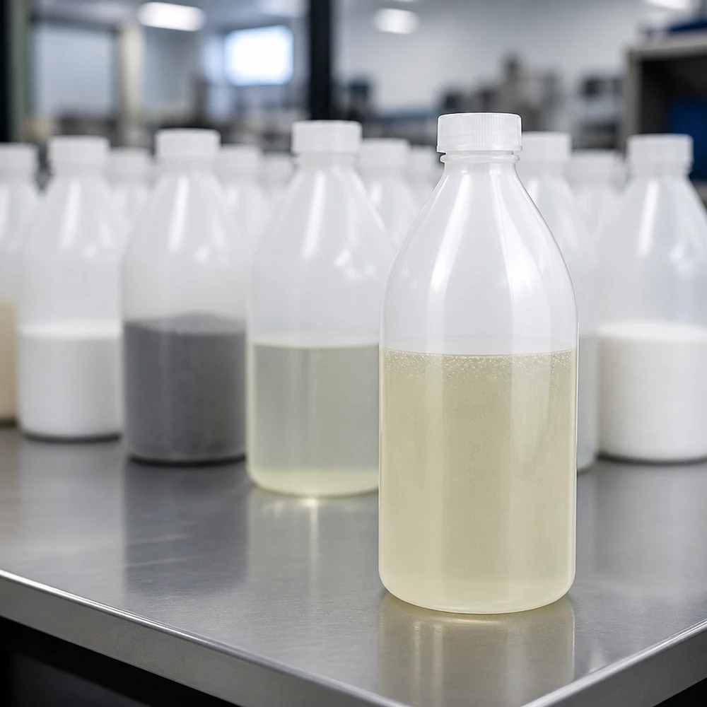 Transparente 500ml Enghals Schraubflasche mit cremefarbener Flüssigkeit im Vordergrund
