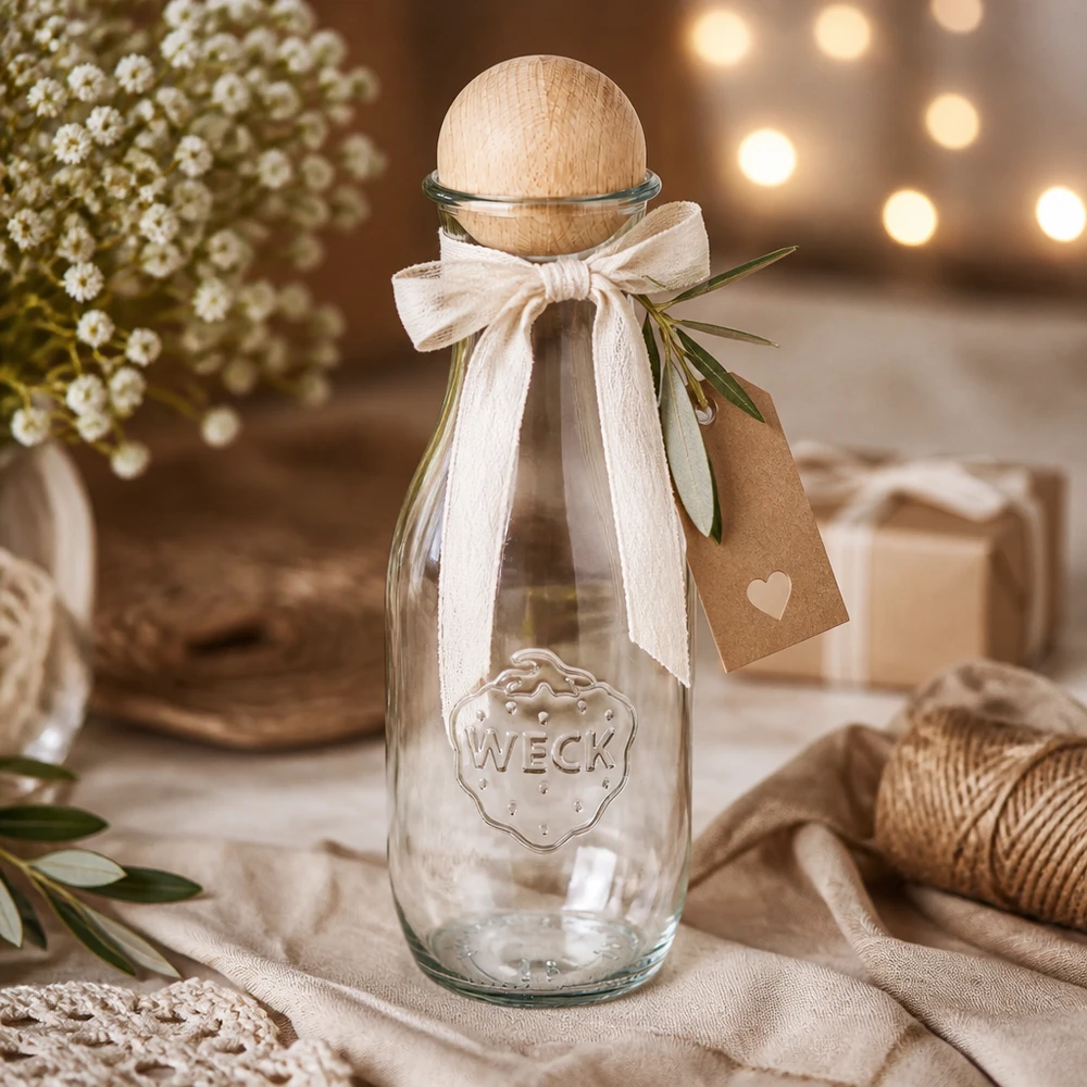 Garrafa de sumo WECK 1062ml RR60 para oferta, decorada com um laço branco, etiqueta de papel kraft e ramo de oliveira