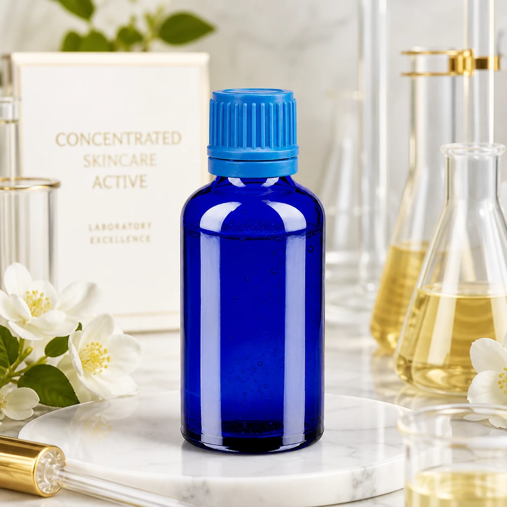 Frasco de vidro de 50 ml de alta qualidade em azul brilhante com tampa de rosca com nervuras