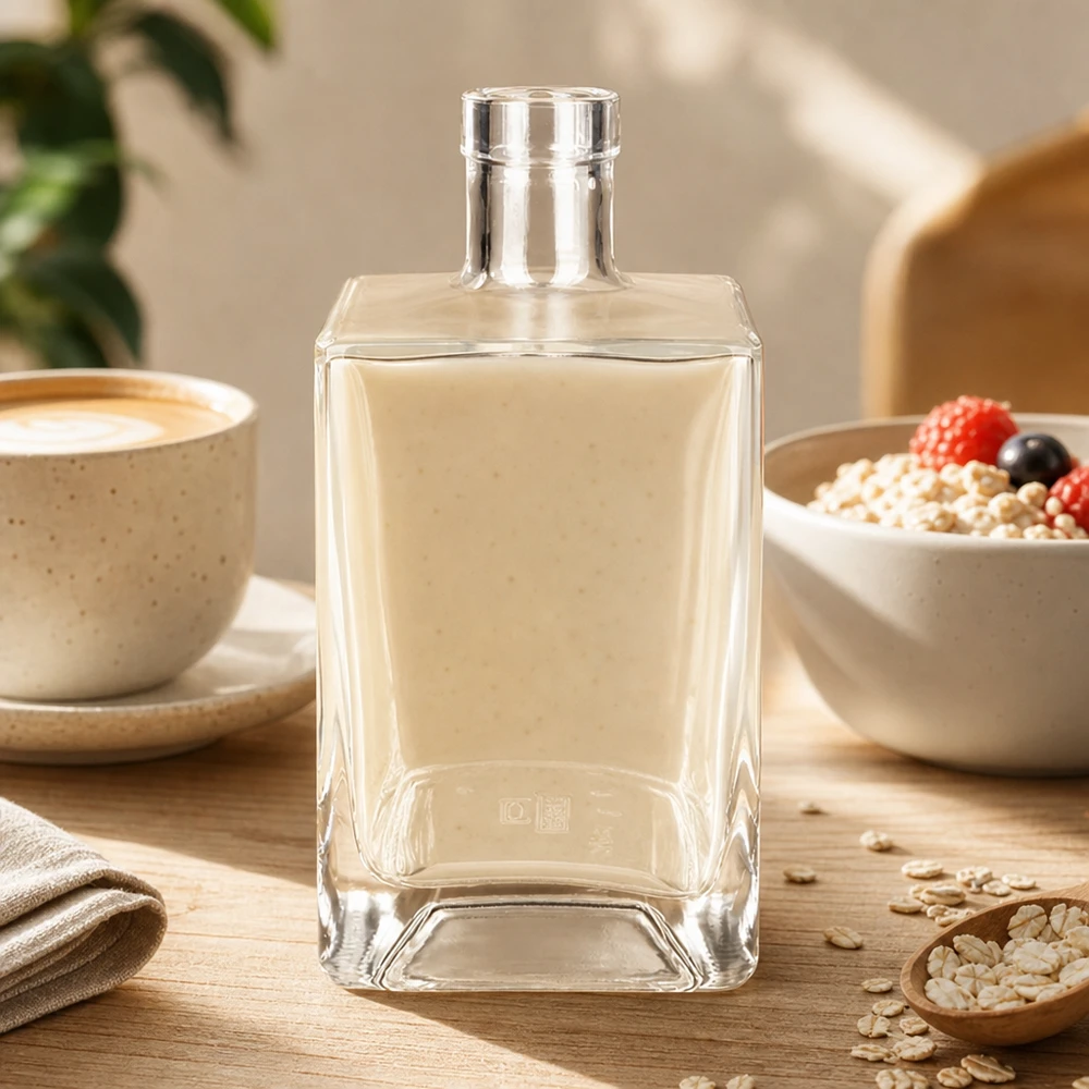 700ml Glasflasche "Gali" ohne Verschluss UNiTWIST® Garrafa de vidro de 700 ml Ben transparente retangular sobre mesa de madeira com chávena de café e tigela de cereais ambiente de estilo de vida