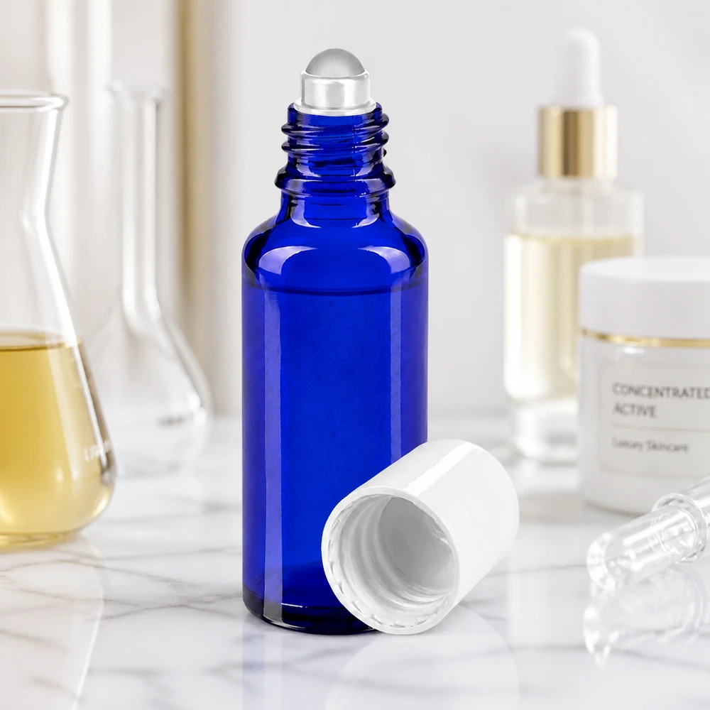 Frasco azul com rolha de 30 ml, em vidro de farmácia, com esfera de vidro transparente e tampa protetora branca