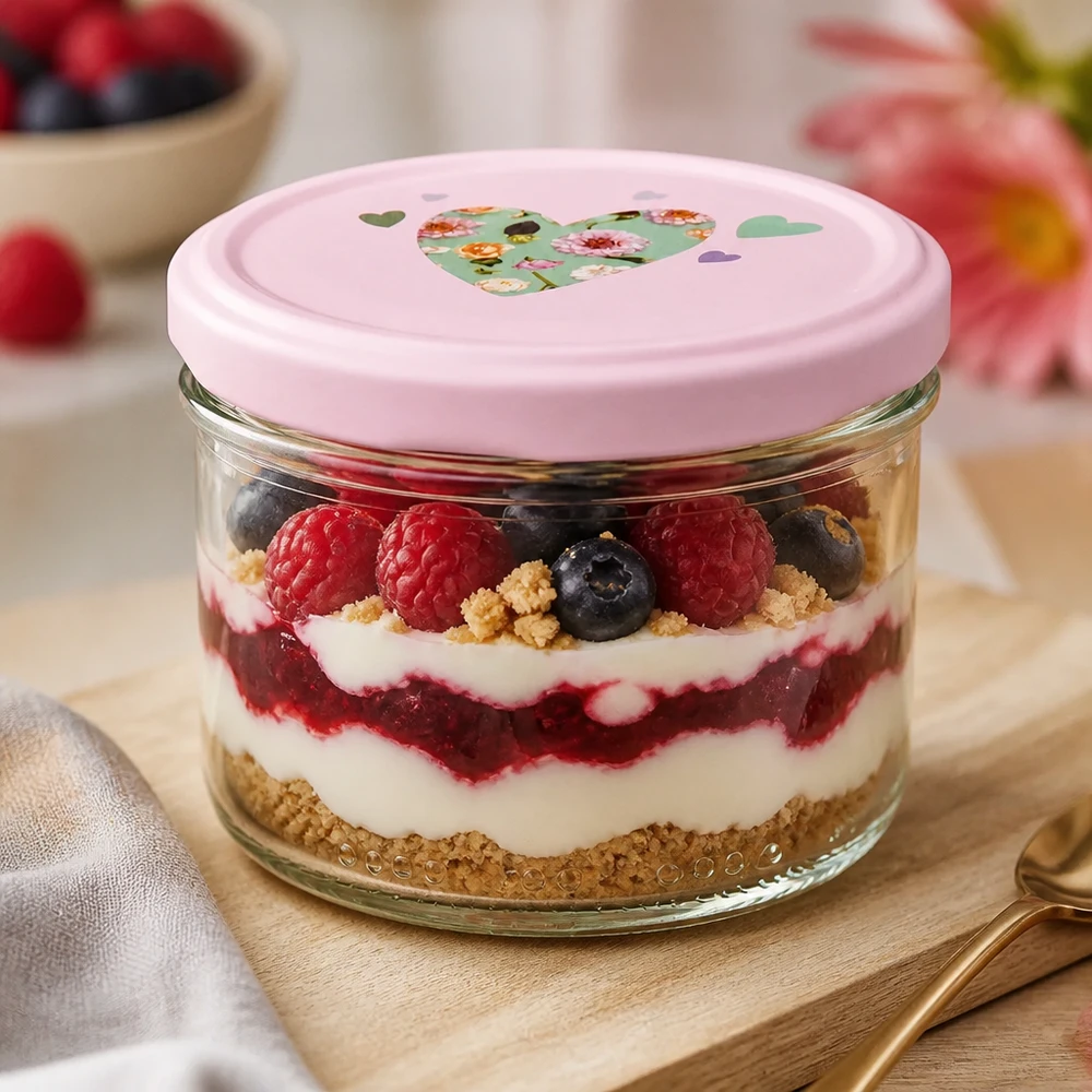 Jarro de 230 ml + tampa BasicSeal coração rosa Frasco de conserva de 230 ml com sobremesa em camadas de frutos silvestres, tampa cor-de-rosa em forma de coração, prático para preparar refeições e sobremesas