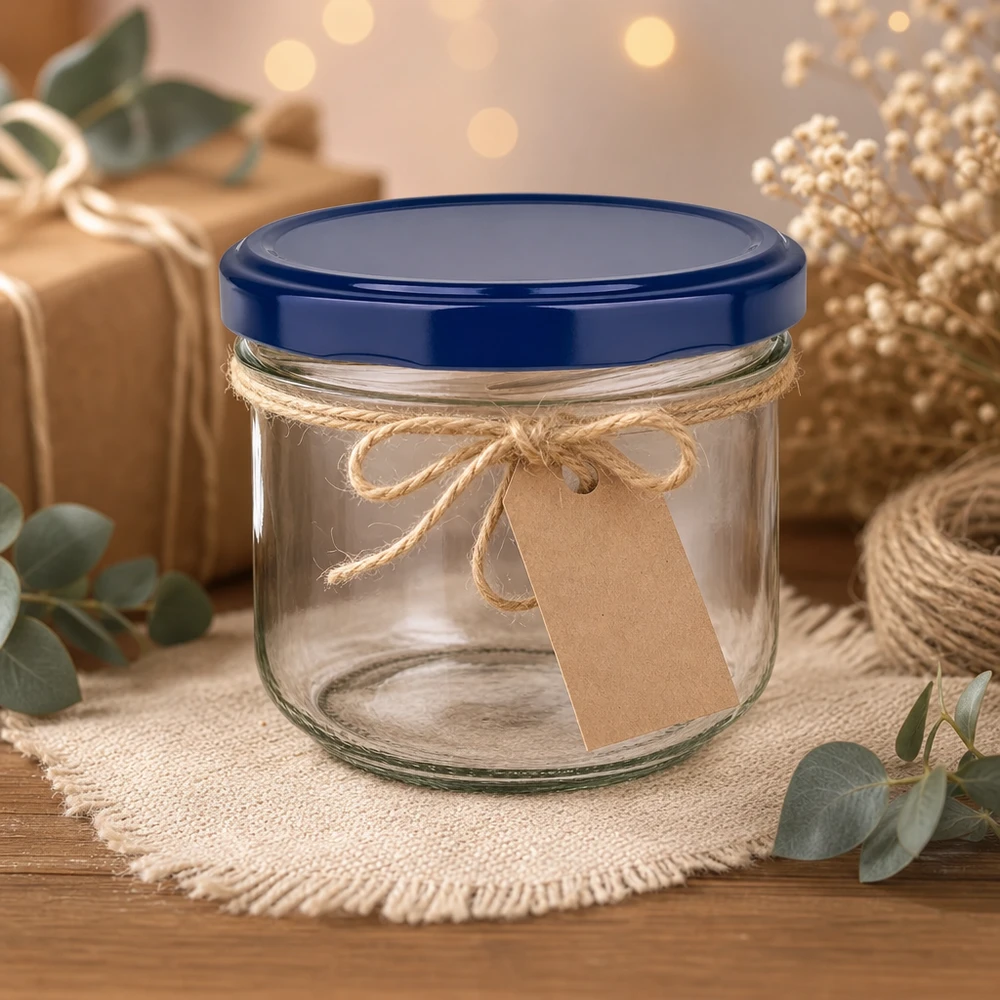 Copos de 260 ml com tampa UNiTWIST azul, decorados com fita de juta e etiqueta de oferta como presente