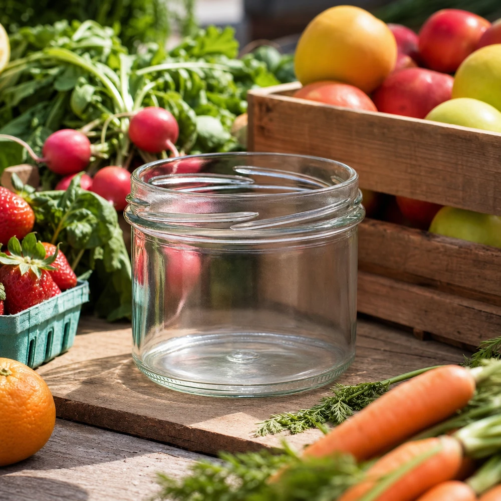 Copos de vidro de 225ml sem tampa (TO82) UNiTWIST UNiTWIST Sturz225 copos 225ml TO82 vazios numa mesa de madeira com frutas e legumes frescos para conservas e enlatados