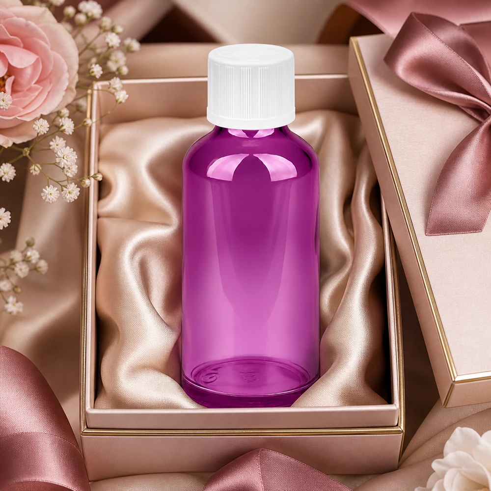 Frasco conta-gotas roxo de 50 ml com abertura de 1,2 mm e rosca UT18/50 para dosagem profissional