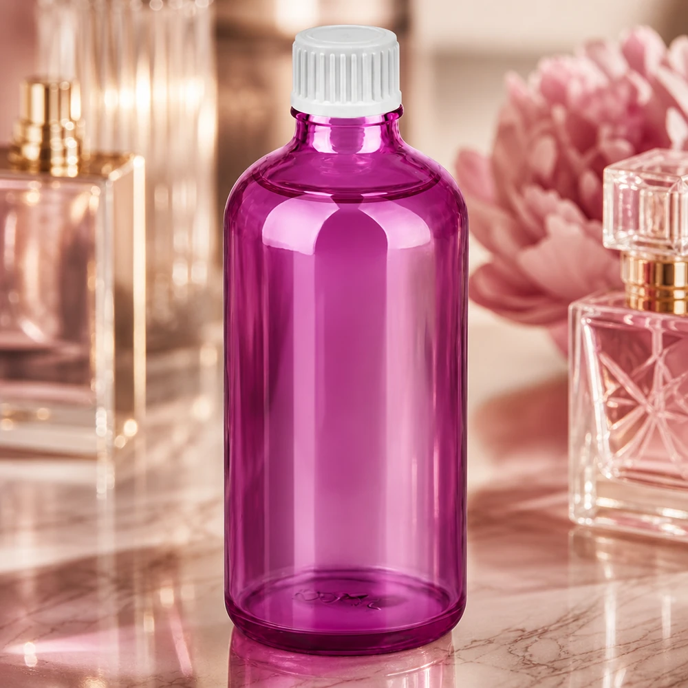 Frasco conta-gotas de 100ml 0,9mm branco padrão PurpleLine UT18/100 Frasco conta-gotas moderno de 100 ml com um design elegante em púrpura e tampa conta-gotas branca profissional