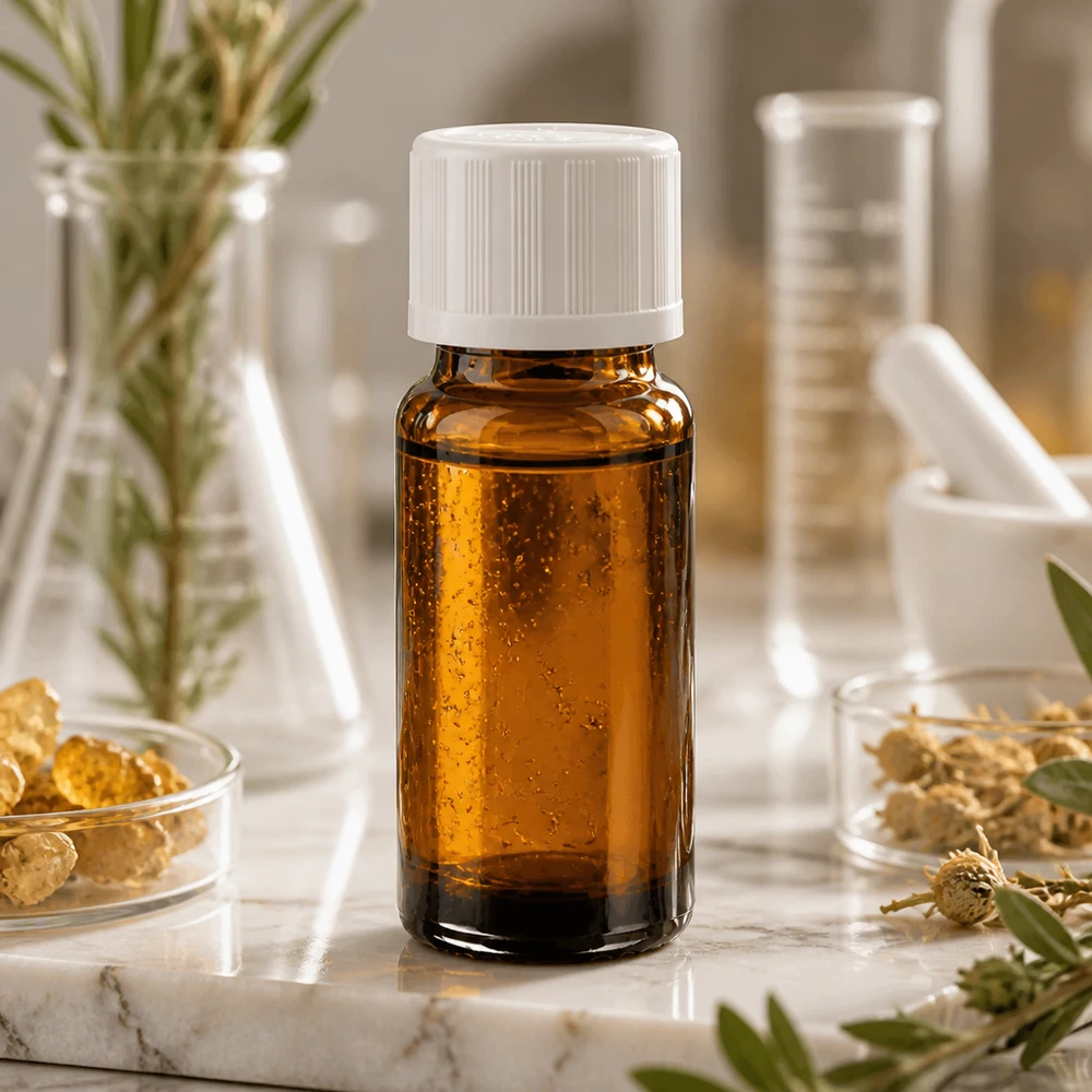 Frasco farmacêutico de 10 ml em vidro castanho com tampa de segurança para crianças branca sobre fundo de mármore