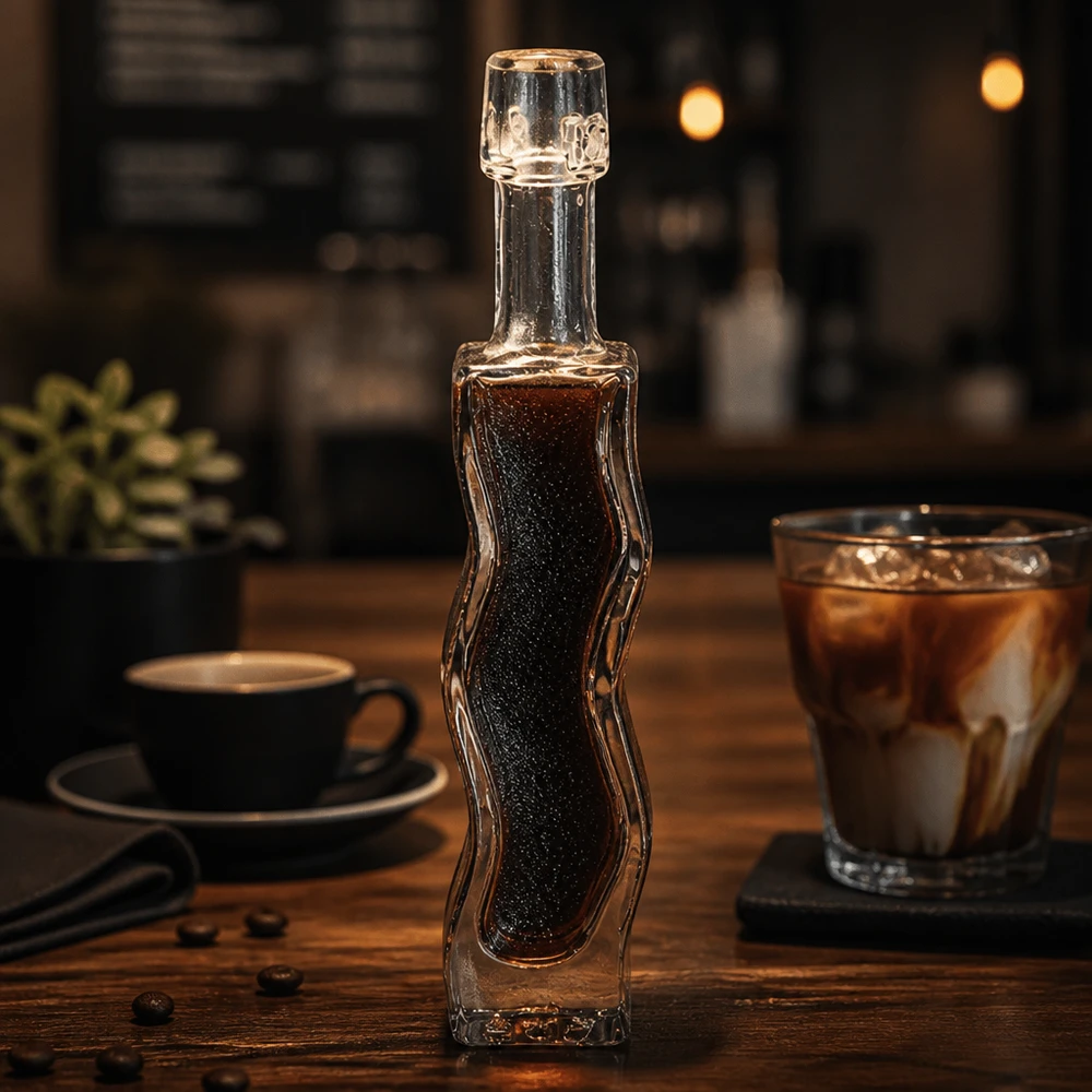 40ml Glasflasche "Anna" ohne Bügelverschluss UNiTWIST Garrafa de vidro de 40 ml Anna cheia de xarope de café escuro Ambiente de café Mesa de madeira Exemplo de aplicação Acessórios para baristas