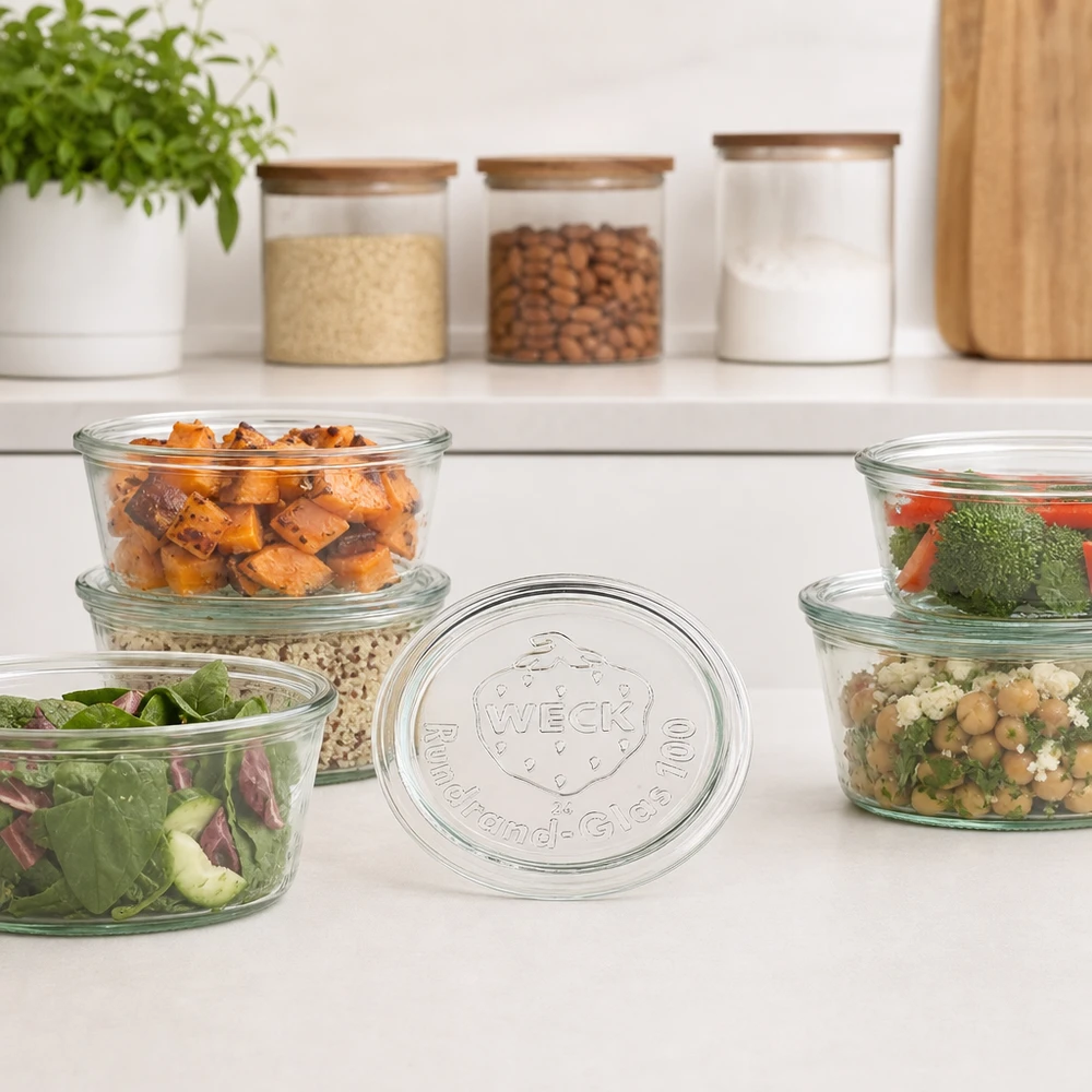 Tampa de vidro WECK RR100 para taças de preparação de refeições com saladas e legumes preparados em cozinhas modernas