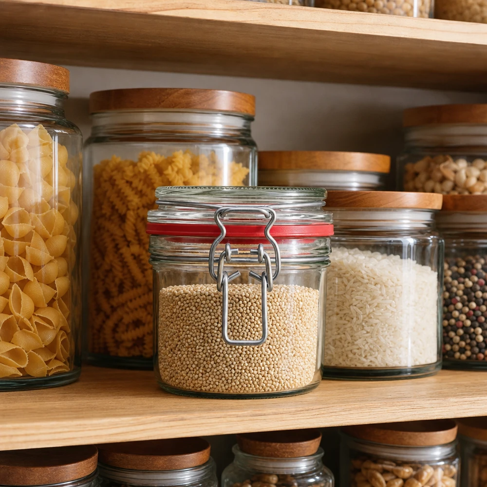 Frasco de conserva de 255 ml, tipo G, com tampa de fecho de alça UN.. Vorratsgläser 255ml in organisierter Küchenpantry mit Nudeln, Reis und Gewürzen - praktische Küchenorganisation
