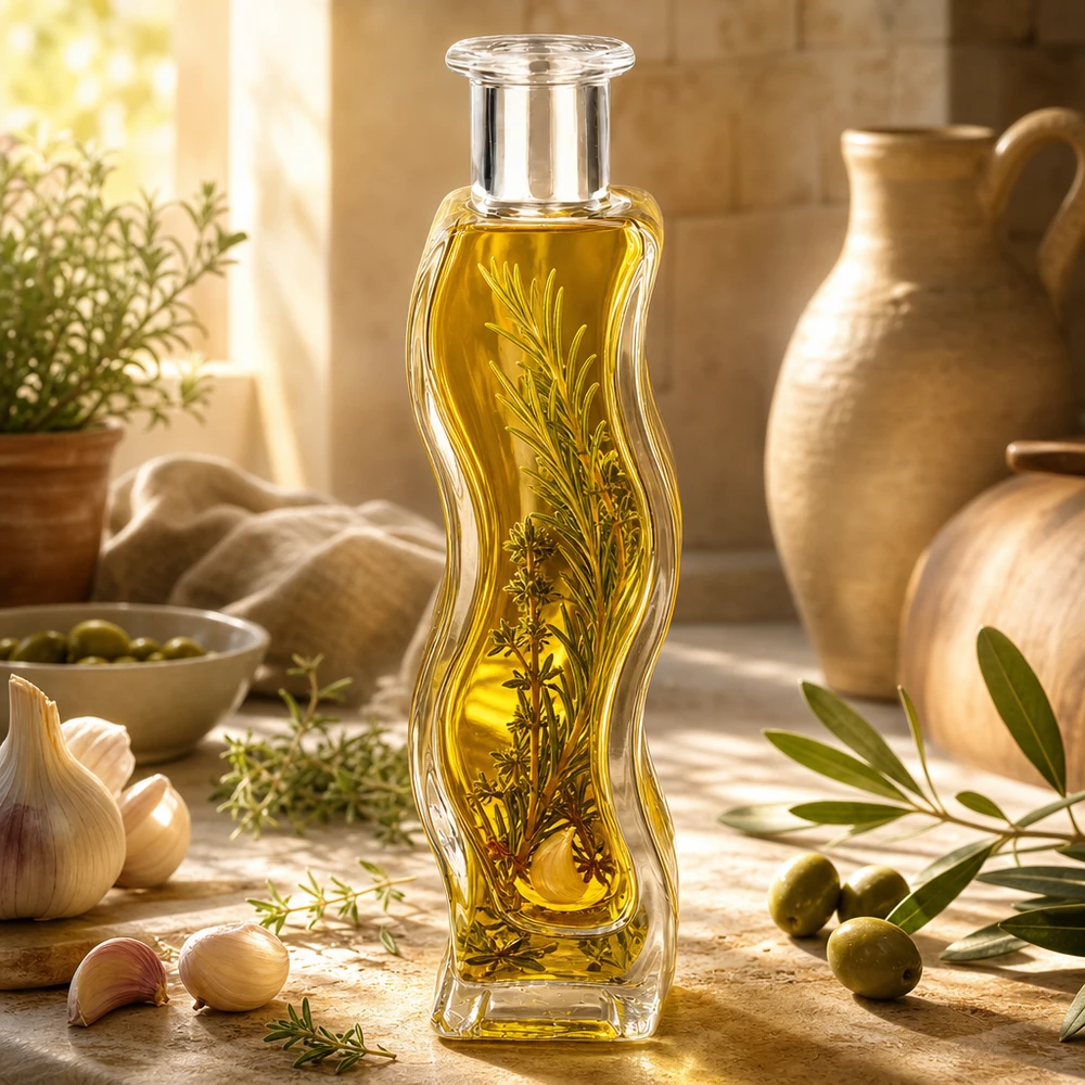 Frasco de vidro Melissa de 100 ml cheio de óleo de ervas e ramos de alecrim numa cozinha mediterrânica com azeitonas e cerâmica