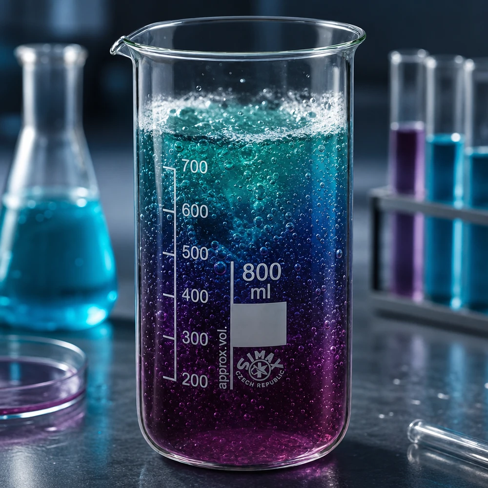 Béquer 800ml de vidro de borosilicato, forma alta Copo de vidro de 800 ml, de formato alto, com um líquido com gradiente de cor azul-lilás e formação de bolhas no laboratório